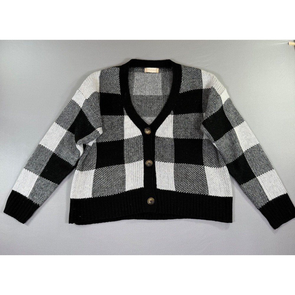 Altar'd State Womens Buffalo Plaid Cardigan Sweater Black White Preppy Academia